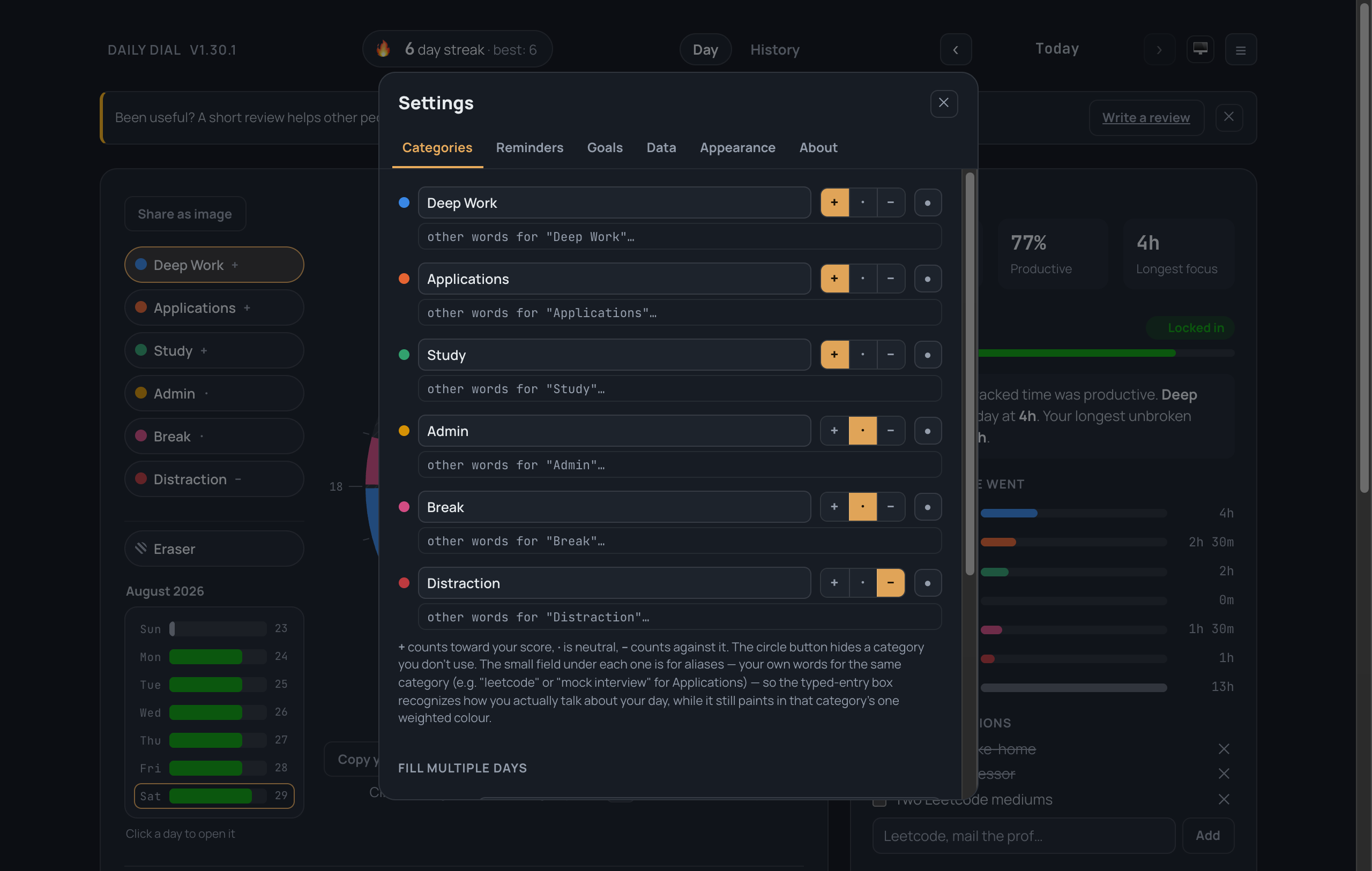 The category editor, with aliases
