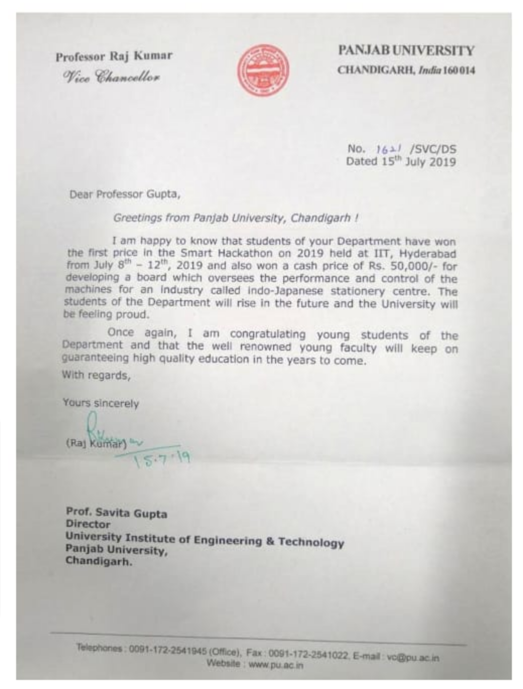 Panjab University Appreciation Letter